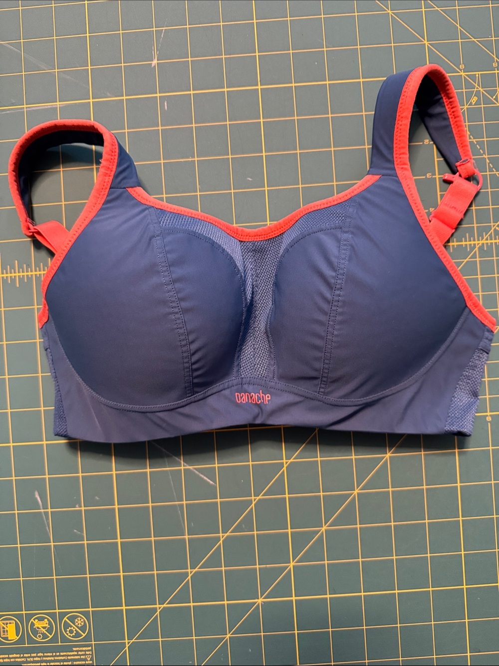 Panache Teal/Blue Sports Bra with Coral Trim, non-wired. 32D